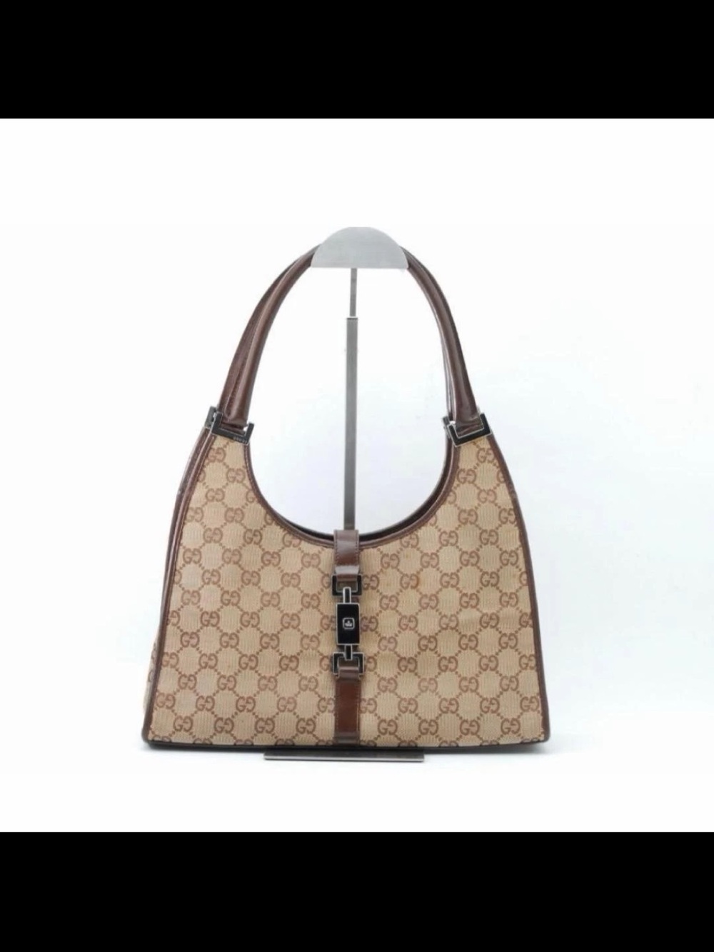 Gucci Beige Monogram Shoulder Bag with Brown Trim